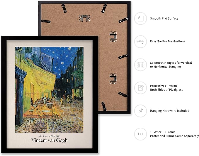 Monem Art Vintage Van Gogh Poster - Retro Impressionist Print - Cafe Terrace at Night, Arles, Stars, Aesthetic - Gift for Artist, Friend - Wall Decor for Home, Office, 8x10 Black Framed
