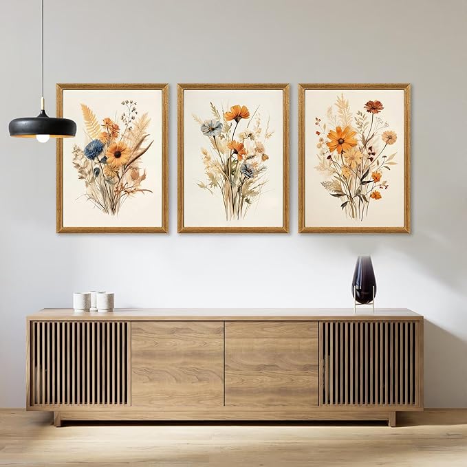 Framed Vintage Wildflower Canvas Wall Art Set of 3 Floral Country Farmhouse Watercolor Flowers Prints Rustic Wood Frame Botanical Artwork Poster for Bedroom Living Room Girls Room Decoration 16" x 24"