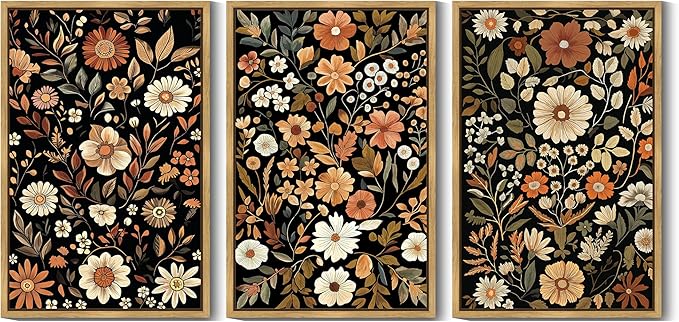 KUVIOKE Orange Vintage Flower Framed Wall Art Boho Floral Wall Decor Retro Wildflower Modern Art Prints Bedroom Living Room Home Decor 24x36in (Natural Framed)