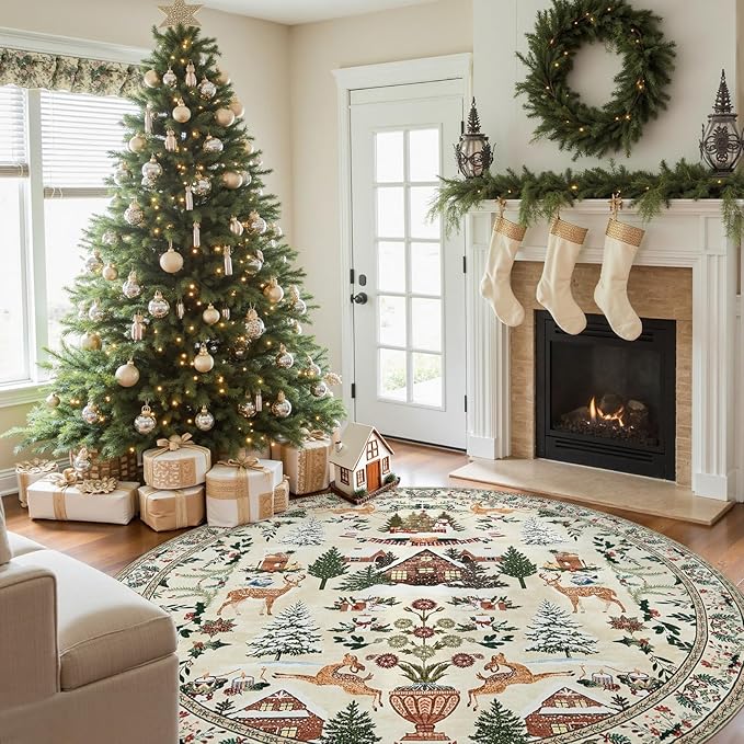 jinchan Round Christmas Rug for Dining Room 7ft Circle Holiday for Living Room Printed Christmas Tree and Cabin Rug 7'Soft Indoor Carpet for Bedroom Washable Non-Slip Winter Xmas Green on Beige