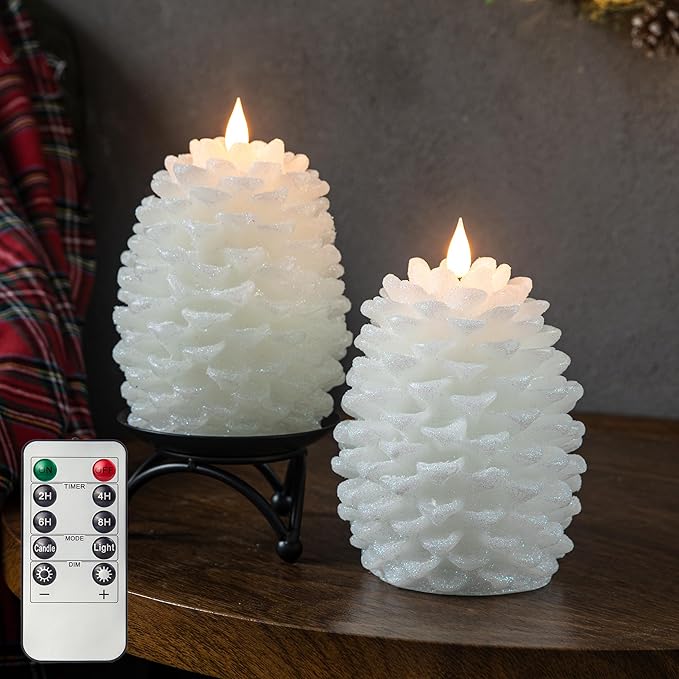 Pinecone Flameless Candles with Remote Timer, 2 Pack Real Wax Battery Operated LED Candles for Christmas Decorations, Rustic Holiday Table Centerpieces, Winter Home Décor White