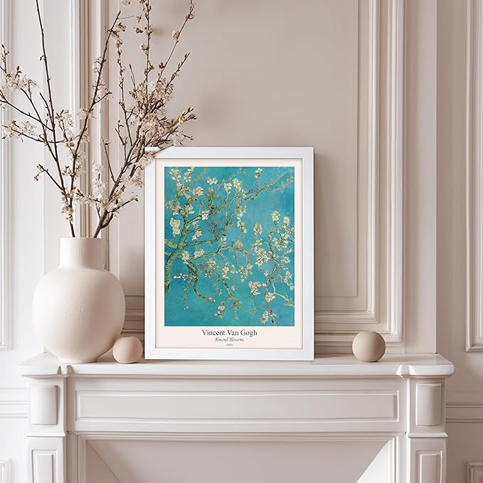 Monem Art Vintage Van Gogh Poster - Retro Almond Blossoms Print - Impressionism Art - Fine Art - Classic Painting Art - Flower Art - Floral Bedroom or Office Wall Decor - 11x14 White Framed