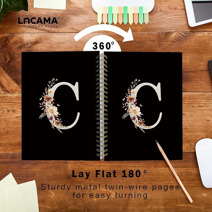 Lacama Campus Initial Letter C Notebook Journal, Cute Wildflower Personalized Black Spiral Notebook, School Supplies, Customized Monogrammed Gifts, Birthday Gifts for Women, Office Supplies