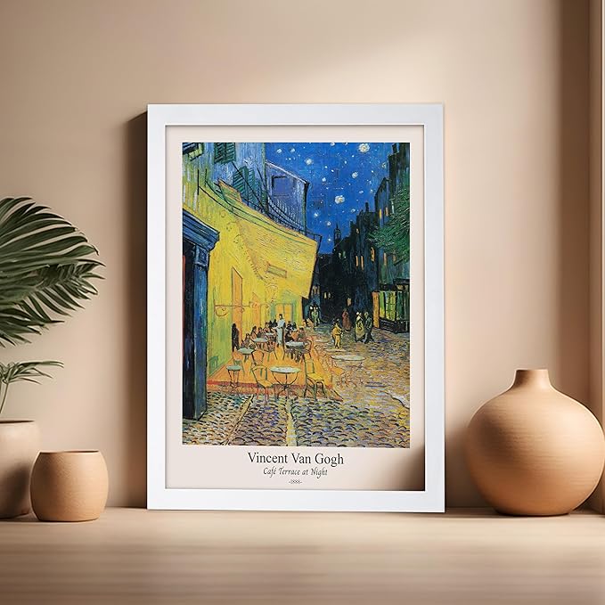 Monem Art Vintage Van Gogh Poster - Retro Cafe Terrace at Night Print - Impressionism Art - Fine Art - Classic Painting Art - Aesthetic Living Room or Bedroom Wall Decor - 16x20 White Framed