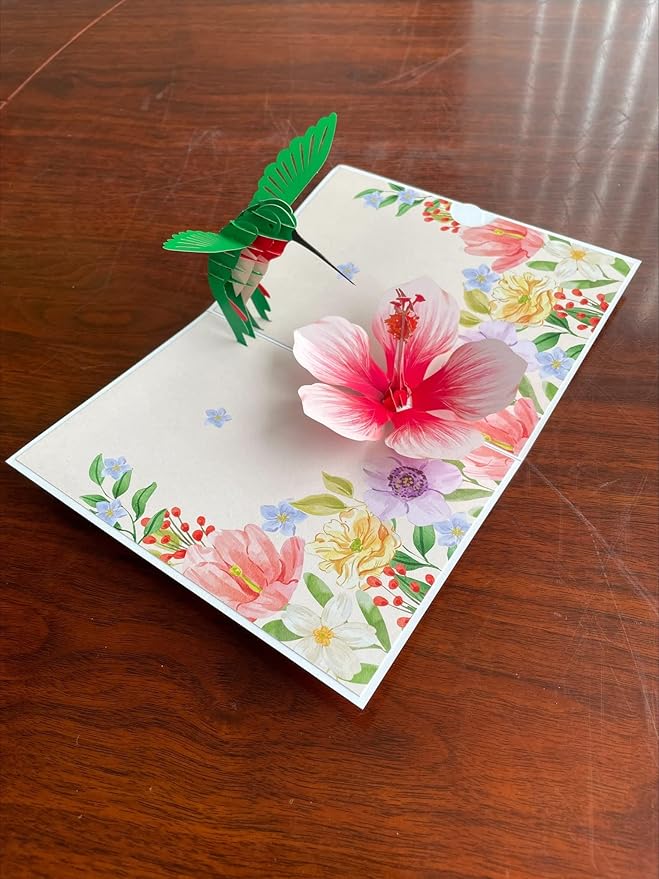 ETA 3D Pop Up Greeting Card – Hummingbird with Pink Hibiscus Flower, Handmade Nature & Floral Card, Birthday, Mother’s Day, Thank You & Garden Lover Gift with Envelope F35