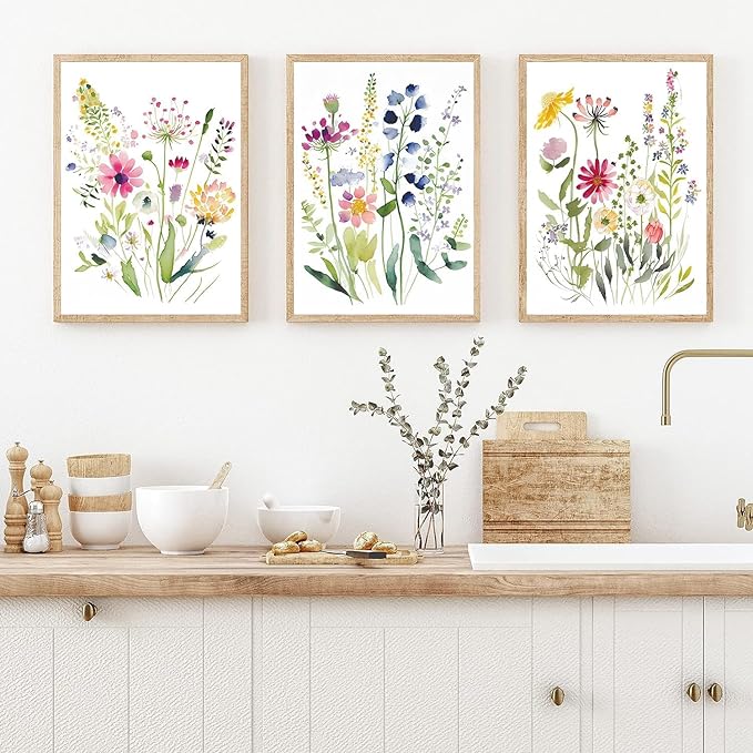 Colorful Wildflower Botanical Canvas Wall Art,Watercolor Flowers Art Poster, Floral Pictures Wall Decor,(8"x10"x3 pcs, Unframed). Painting Artsy Room Decorations for Bedroom Bathroom