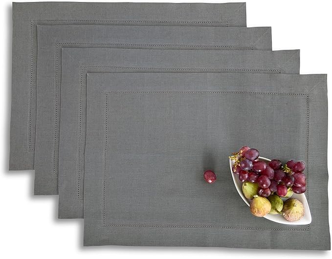 Solino Home Linen Cloth Placemats Set of 4-100% Pure Linen Hemstitch Steel Gray Placemats 14 x 19 Inch - Classic Hemstitch Table Place Mats for Spring