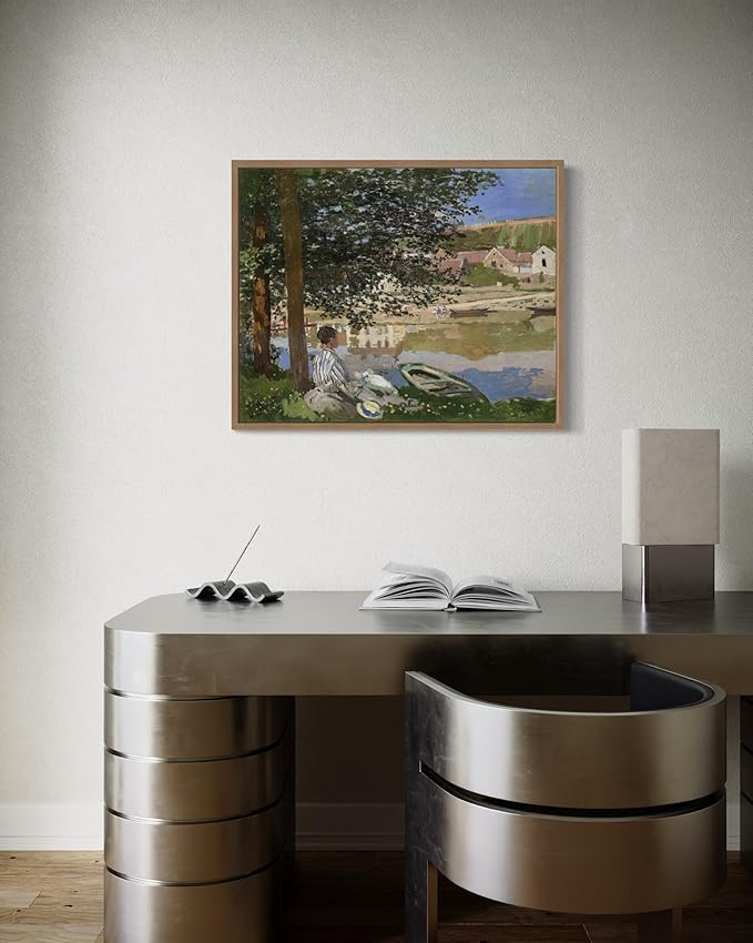 On the Bank Claude Monet Wall Art Print Poster, Impressionist Painting Wall Art Wall Decor, for Bedroom and Living room Bathroom Decor 115 (On the Bank, 16 x 20 inches, Wood Frame)