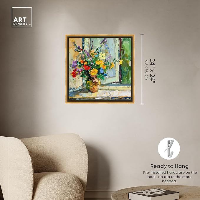 Art Remedy Vase By The Window Framed Impressionism 1 Piece Canvas Wall Art/Monet And Van Gogh Inspired Art, 25.5" x 25.5", Gold Frame
