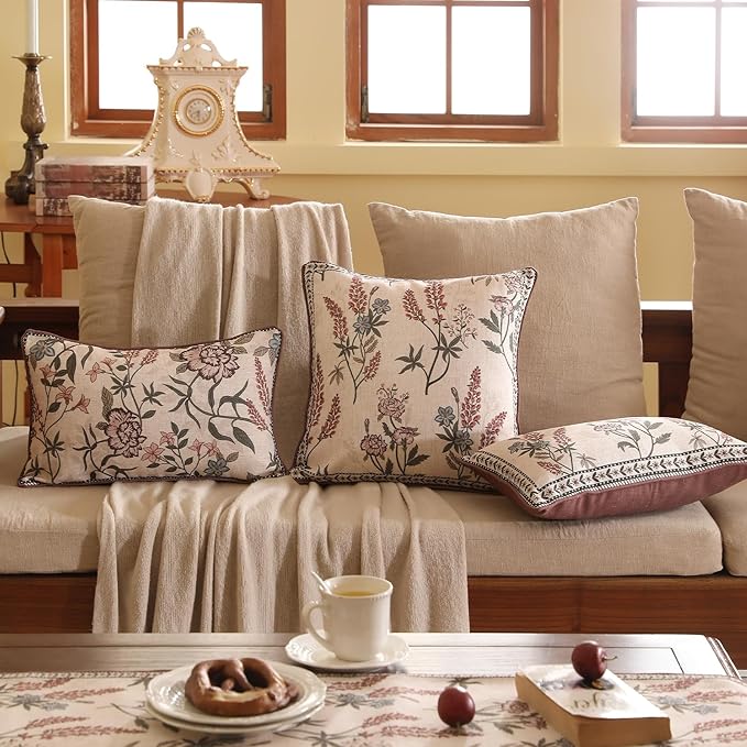 ISAENNE Design Linen Vintage Lumbar Square Round Throw Pillow Covers Set of 4, French Country Cushion Covers with Pink Blue Floral Pattern Decoration Pillowcases for Bed,Living Room,Outdoor,Car