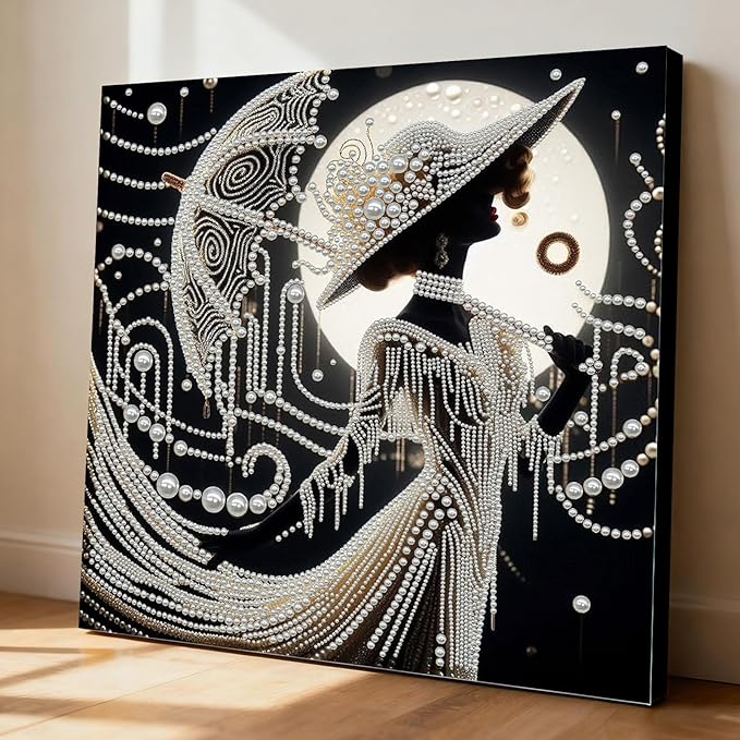 DIY Pearl Painting Kit with Wooden Frame, 3D Plastic Pearl Gemstone Ocean Art Craft for Adults Beginners, Diamond Art Kits for Adults, Home Wall Decor Ready Gift for Women(Umbrella Lady)(30 * 30cm)