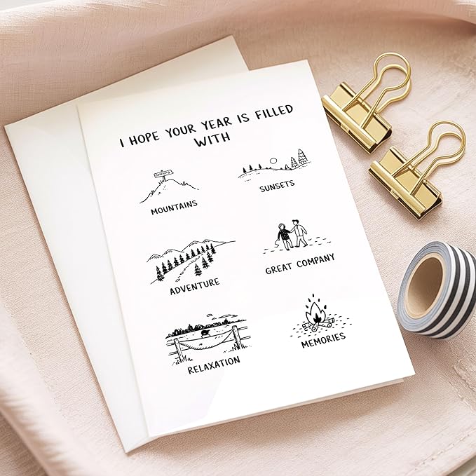 (5.3x8in) Hope Your Year Is Filled With Adventure New Year Card with Envelope, Minimalist Black and White Line Art Greeting, Inspirational Holiday Card for Friends, Family, Coworkers (Xmas 39)