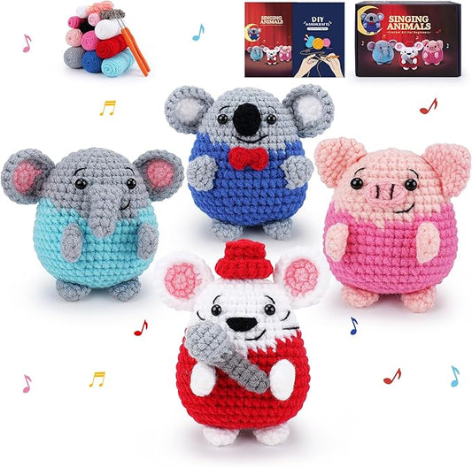 Fortuning's JDS Crochet Kit for Beginners - 4 PCS Crochet Starter Kit with Step-by-Step Video Tutorials, for Adults - Elephant Mouse Pig Koala Microphone Crocheting Set