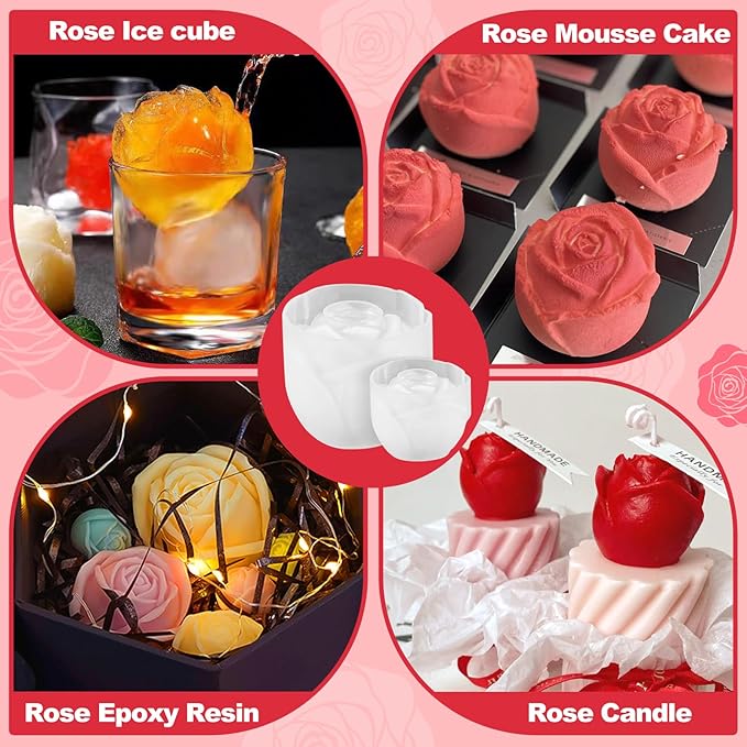 2 Pack Rose Candles Molds, Set of Large + Small 3D Flower Silicone Molds for Candles Epoxy Resin Casting Wax Soap Clay Plaster Home Décor Handmade Gift