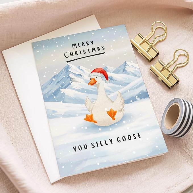 (5.3x8in) Merry Christmas You Silly Goose Card with Envelope, Funny Holiday Greeting Featuring Cute Goose in Snow, Whimsical Animal Christmas Card for Friends, Family, Coworkers (Xmas 34)