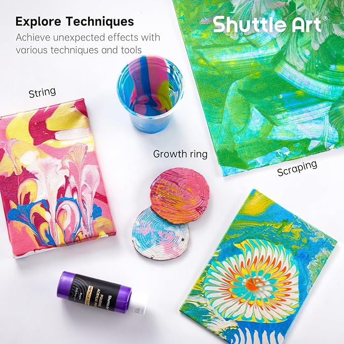 24 Pack Metallic Acrylic Pouring Paint, Shuttle Art 23 Metallic Colors Ready-to-pour Acrylic Paint with 1 Silicon Oil, 60ml/2oz Each, Rich Pigment, High Flow Pouring Paint Set for Canvas, Rock, Ceramic, Wood