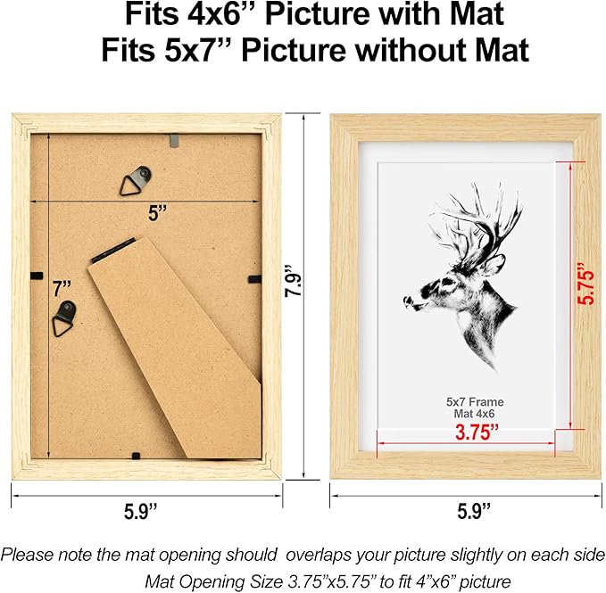 Yaetm 5x7 Oak Picture Frame with Mat for 4x6 Set of 4, Natural Solid Oak Wood Photo Frames 5 x 7 with Tempered Glass, Display on Tabletop or Wall Mounting