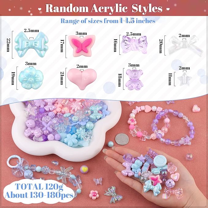 180-240PCS TINKRSTUFF Assorted Acrylic Beads 3 Mixed Colors Cute Beads for Bracelet Making, Bow Aesthetic GummyBear Flower Butterfly Kawaii Charms for Jewelry Making DIY Necklace Keychain Phone Charm