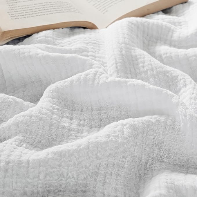 Bedsure 100% Cotton Muslin Throw Blanket Twin XL for Bed - 4-Layer Breathable and Lightweight Thin Soft Summer Gauze Muslin Blankets for Adults, White, 66x90 Inches