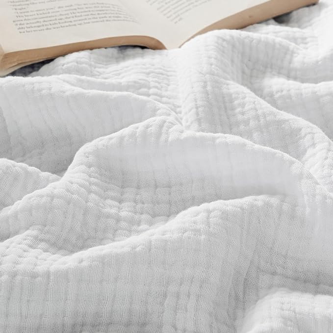 Bedsure 100% Cotton Muslin Blanket Queen Size for Bed - 4-Layer Breathable and Lightweight Thin Soft Summer Gauze Muslin Blankets for Adults, White, 90x90 Inches