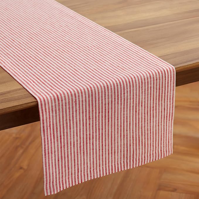 Solino Home Linen Table Runner 90 Inches Long - Narrow Stripe, 100% Pure Linen Red and White Farmhouse Table Runner 14 x 90 Inch for Dining, Valentines, Winter, Spring, Easter