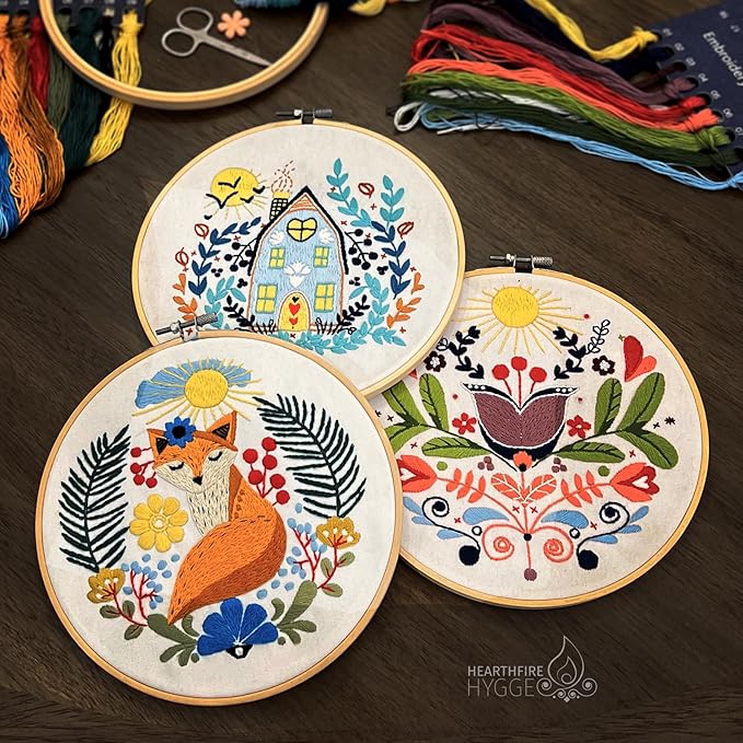 Hearthfire Hygge Embroidery Kit for Beginners | Scandinavian Folk Art Beginner Embroidery Kit for Adults | Fox, House, Flower Cross Stitch Kits for Beginners | Needlepoint Kits for Adults