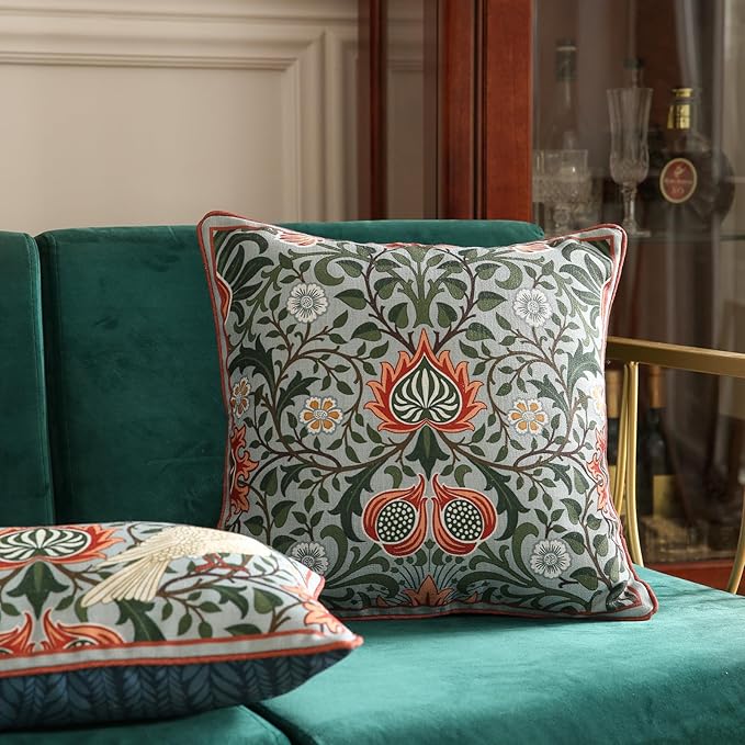 ISAENNE Design Retro Elegant Linen Throw Pillow Covers Set of 4, Blue Gray Floral Pattern Cushion Covers Decor Lumbar Round Square Pillowcases for Bed,Living Room,Outdoor,Car