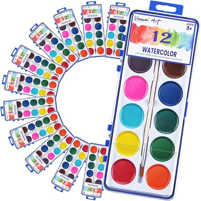 12 Pack Watercolor Paint Set for Kids, 12 Color Washable Water Color Paint, Woodbrushes Included, Christmas Gift