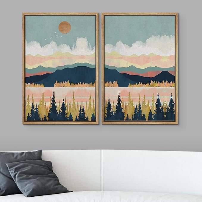 SIGNWIN Framed Canvas Print Wall Art Set Pastel Pink Blue Geometric Mountain Landscape Nature Wilderness Illustrations Modern Art Scenic Colorful for Living Room, Bedroom, Office - 24"x36"x2 Natural
