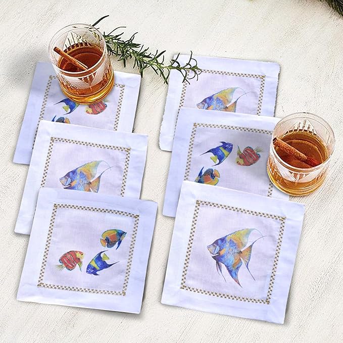 Cocktail Napkins Set of 6, 6x6 inch, 100% Pure Cotton, Printed Animal Pattern, Reusable & Washable Cloth Coasters for Beverages, Hosting, Gifting & Everyday Use (Blue Fish)