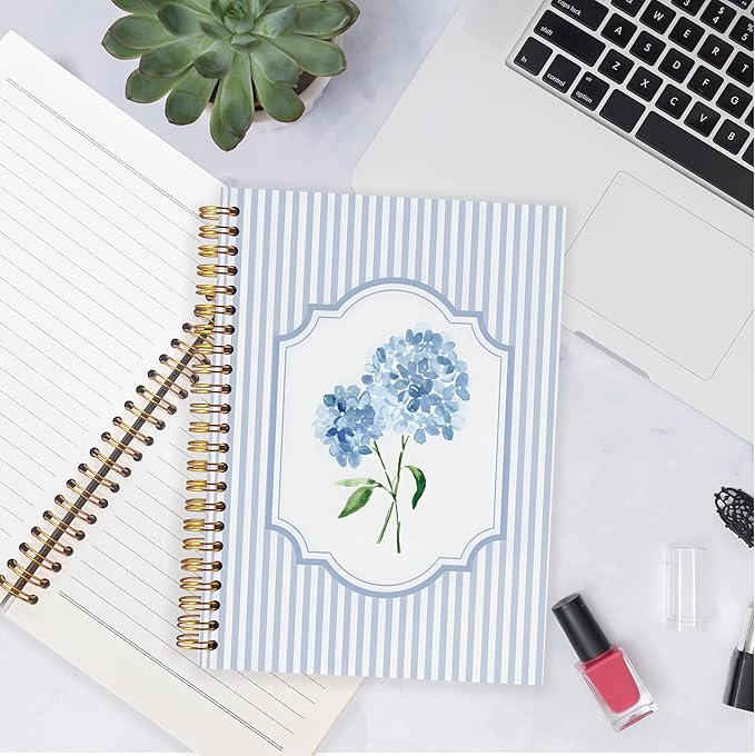 Blue Hydrangea Spiral Notebook Journal, Hydrangea Gifts, Cute Blue and White Stripes Girly Floral Journal Notebook Aesthetic Office Supplies, 5.5x8.3 Inch