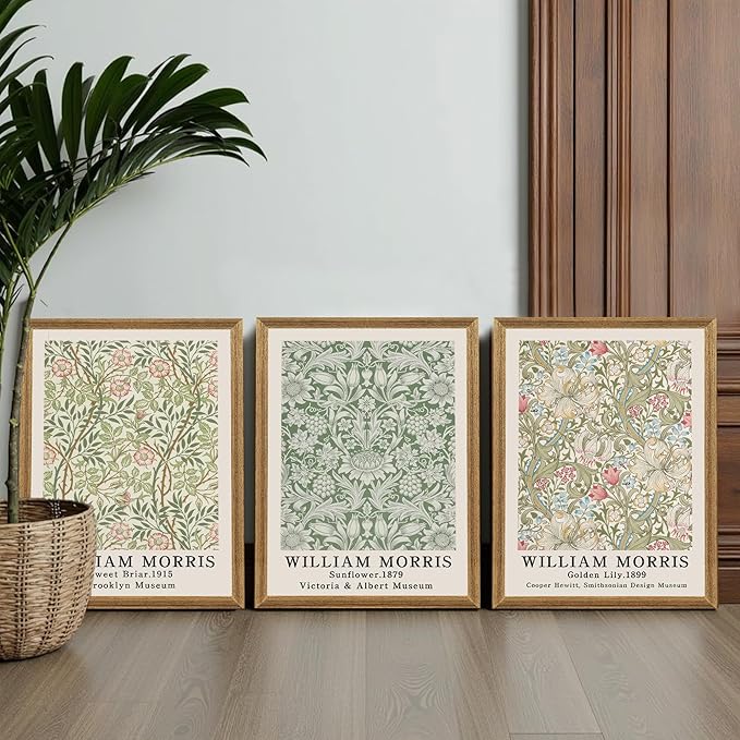 SYWENNOI 3 Pieces Wood Frames Vintage Floral Canvas Wall Art, William Morris Textured Art Wall Decor, Sweet Briar Sunflower Golden Lily Botanical Designs Prints for Living Room Bedroom Offices 12x16