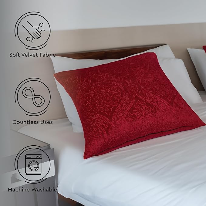Encasa XO Luxury Embossed Velvet Throw Pillow Covers - Plush Cushion Covers for Elegant Living Rooms & Bedrooms, Machine Washable, 20"x20" Red | Set of 2 | Covers Only No Insert