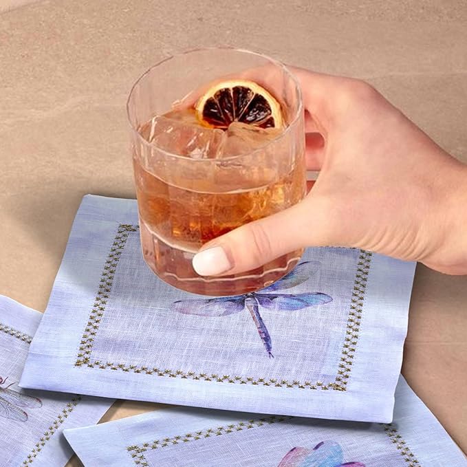 Cocktail Napkins Set of 6, 6x6 inch, 100% Linen, Printed Animal Pattern, Reusable & Washable Cloth Coasters for Beverages, Hosting, Gifting & Everyday Use (Dragonfly)