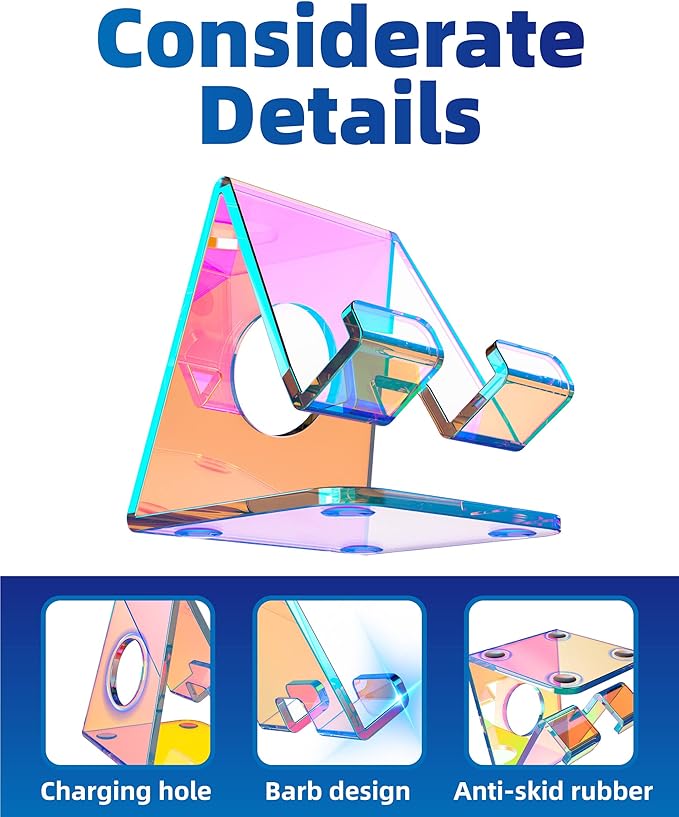 TOPGO Acrylic Phone Stand, Clear Phone Holder for Office Desk, Vanity, Kitchen Counter, Bedside Table, Compatible with iPhone 17 16 15 14 13 12 Pro Max Plus/Smartphones/iPad/Switch - Iridescent Color