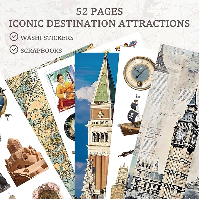 Travel Sticker Book, 32 Sheets 377 Pcs Vintage Aesthetics Stickers & 20 Sheets Washi Paper for Journaling Scrapbooking Bullet Journals Planners Letter Card Making