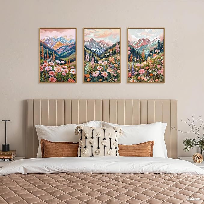 Boho Vibrant Mountain Wildflower Framed Canvas Wall Art Set,Colorful Natural Flower Forest Wall Decor,Modern Pink Floral Botanical Landscape Artwork for Living Room,Office,Farmhouse- 16"x24"x3