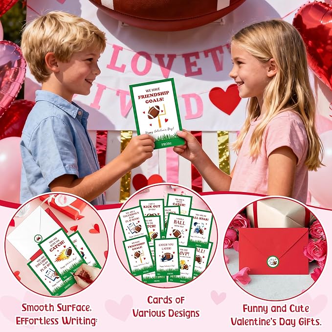 TICIAGA 72pcs Valentine’s Day Football Greeting Cards with Envelop and Stickers for Kids, 4 x 6 IN Sport Theme Exchange Gift Cards for Boys and Girls School Classroom Supplies, Valentines Party Favors