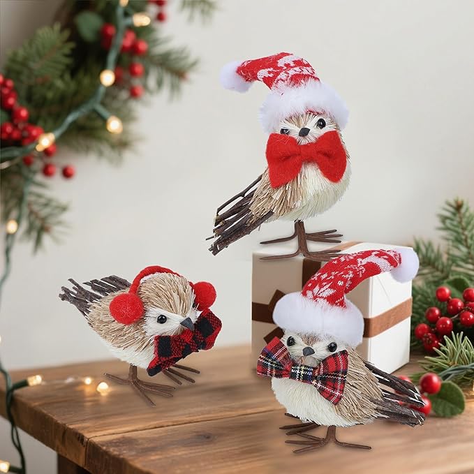 Set of 3 Christmas Birds Table Top Decorations, Christmas Twig Bird Figurines with Plush Hat, Red Bird Xmas Ornaments Tabletop Decor for Mante Kitchen Fireplace Home Holiday
