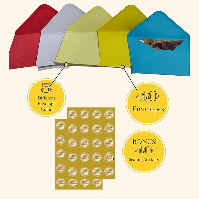 Imperial Designs 40 Pack Funny Punny Birthday Cards with Envelopes and Stickers - 20 Unique Designs - for Kids, Office, Teachers - Assorted Bulk Animal Birthday Cards (Medium, 4x6'', Blank Inside)
