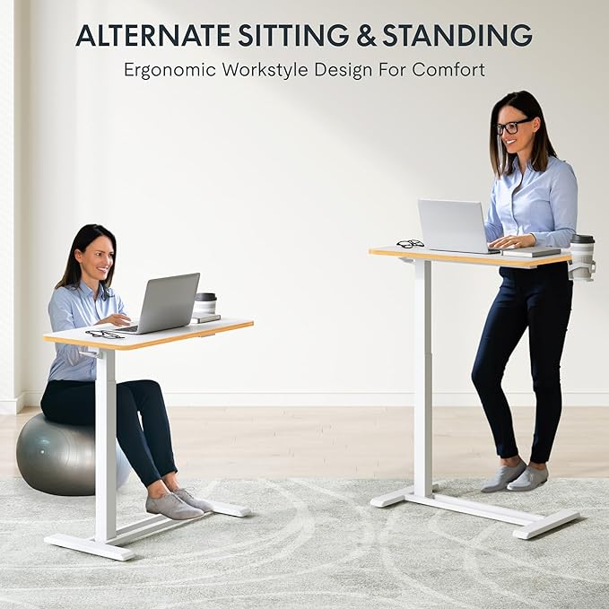 FLEXISPOT H7 Adjustable Overbed Bedside Table with Wheels Pneumatic Mobile Standing Desk Laptop Desk Rolling Computer Cart Movable Overbed Table Hospital Home Use(27.6" W x 15.7" D, White Maple)