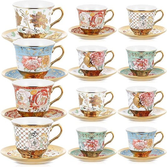 Set of 12 Tea Cups and Saucers Tea Party Decorations Floral Porcelain 7.4 oz British Gift for Women Birthday Party, Church, and Mother's Day (Stylish Style)