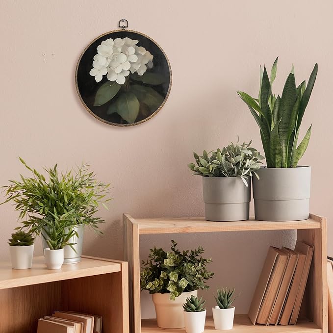FUGWN Vintage Hydrangea Floral Round Wall Art Decor Framed, Dark Cottagecore White Hydrangea Floral Canvas Artwork Prints, Flower Wall Hanging Decorations for Home Bedroom Living Room, 10x10 Inch