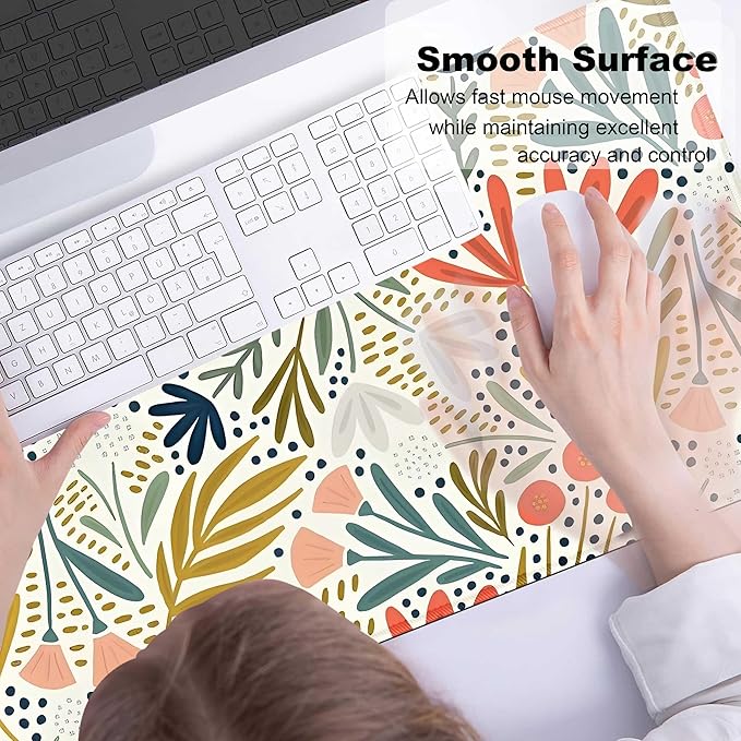 Decorative Floral Pattern Large Mouse Pad for Desk with Non-Slip Rubber Base,Big Desk Pad Desk Mat Featuring Flowers and Leaves,Computer Mouse Pads for Wireless Mouse Mousepad with Stitched Edges