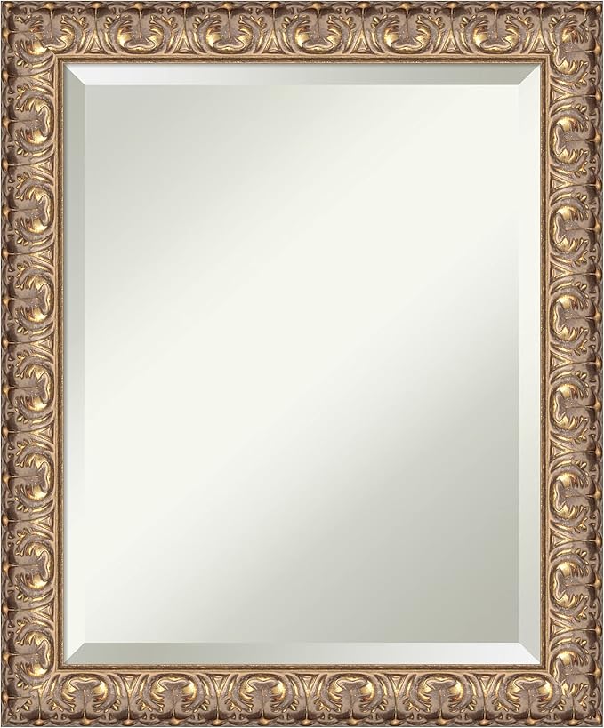 Amanti Art Gold Wall Mirror 23x19 Florentine Gold Rectangle Bathroom Mirror for Wall Decor Living Room, Small Traditional Wood Frame, Hangs Horizonally and Vertically, Bathroom Decor, Beveled Edge