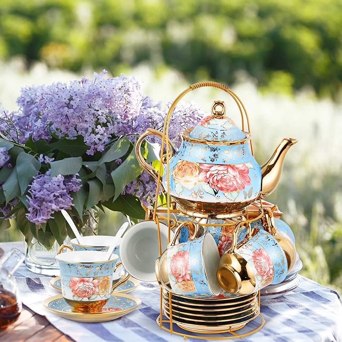 Zhehao 20 Pcs Porcelain Tea Set with Metal Holder and Spoon Adult Ceramic Tea Set European Flower Painting Teapot Cup Saucer Spoon for Women, Large Version(Simplicity Style)