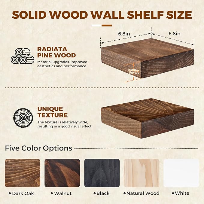 Floating Wall Shelves 6.8x6.8x1.7 Inch – Solid Wood Square Shelves in Dark Oak Finish – Rustic Mini Display Shelves for Entryway, Bathroom, Small Spaces – Set of 2