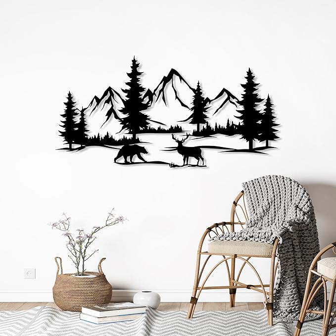 DecoSoul Mountain & Forest Metal Wall Art - Extra Large Farmhouse Wall Decor, Pine Tree & Bear Outdoor Metal Sign, Mountain Range View, Housewarming Gift