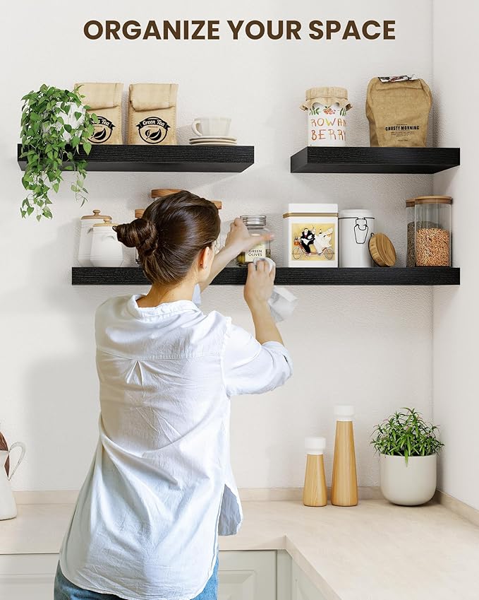Marsmiles 32" Floating Shelves for Wall, Wooden Shelves with Invisible Brackets Set of 2, Rustic Farmhouse Wall Mounted Shelf for Kitchen Bathroom Living Room Study, Black
