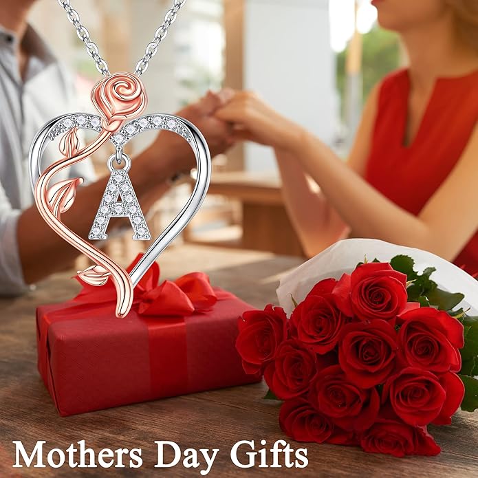 Iefil Stocking Stuffers for Women Wife - 925 Sterling Silver Rose Heart Initial Necklace, Christmas Anniversary Birthday Gifts for Women, Jewelry Gift for Her Wife Girlfriend Mom Daughter